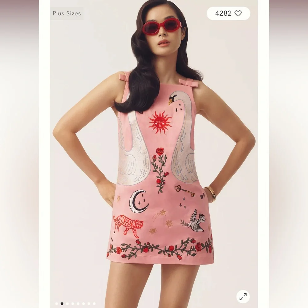 ANTHROPOLOGIE Maeve Embroidered Swan Garden Mini Shift Dress M Petite